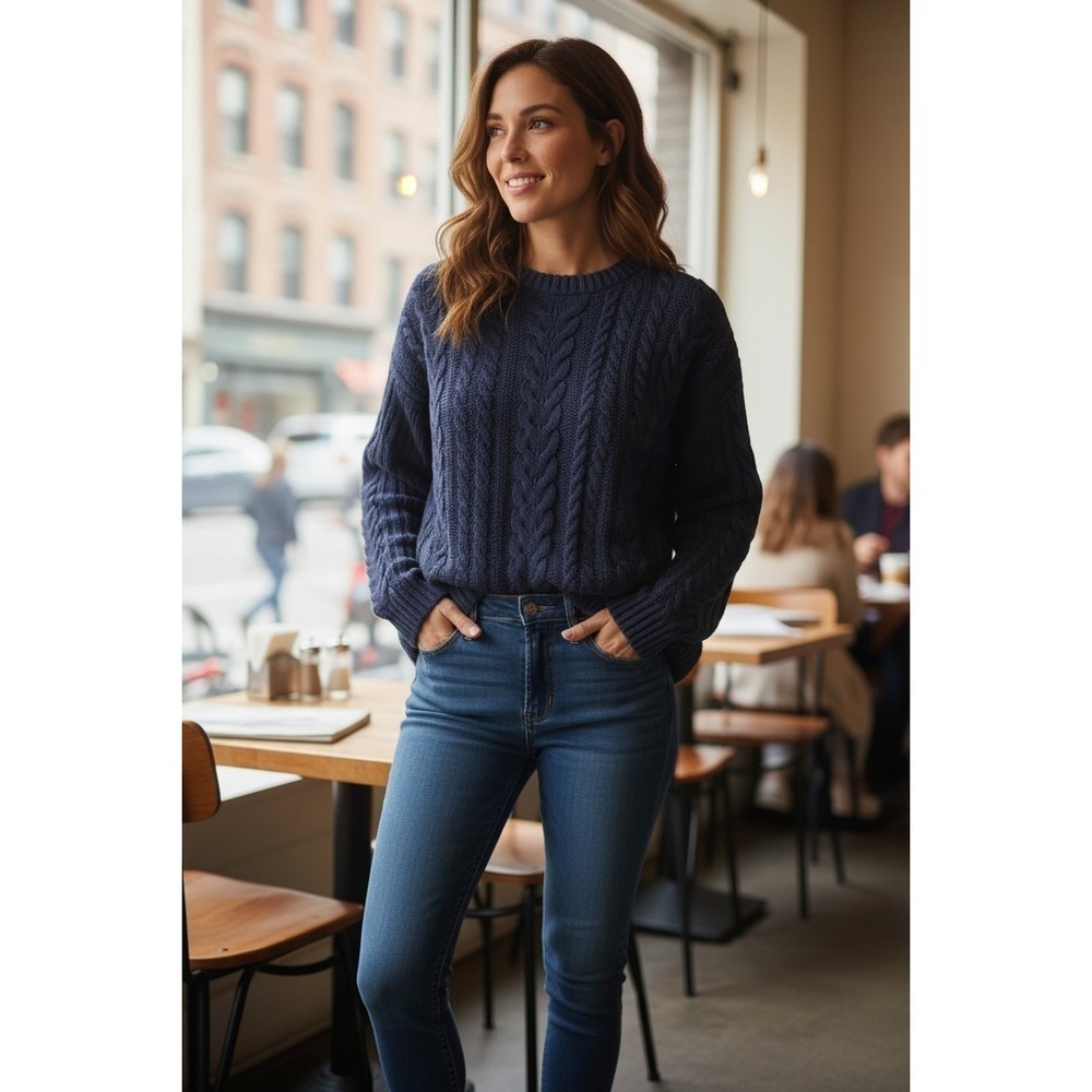 J.Jill Blue Cable Knit Sweater‎ Crew Neck Chenille Cottagecore Preppy Pullover L
